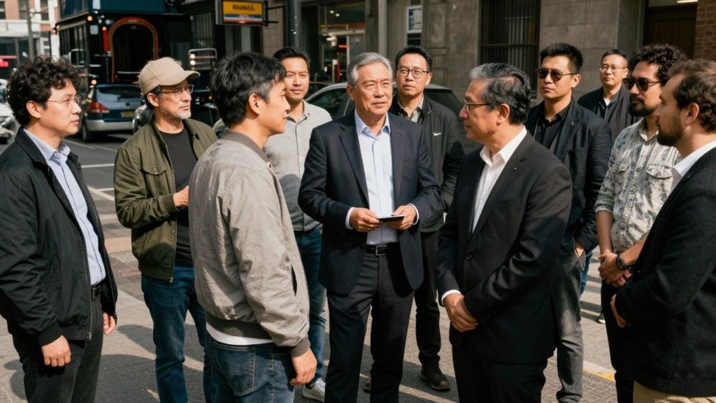 Grup de bărbați în peisaj urban.