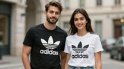 Cuplu în tricouri Adidas asortate, stil unic.
