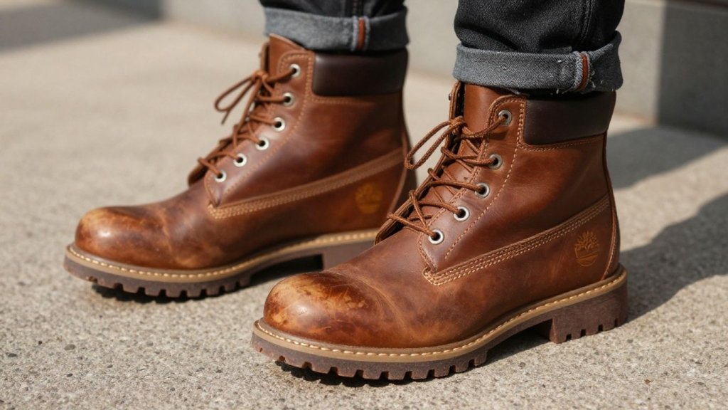 Ghete Timberland maro pe asfalt urban.