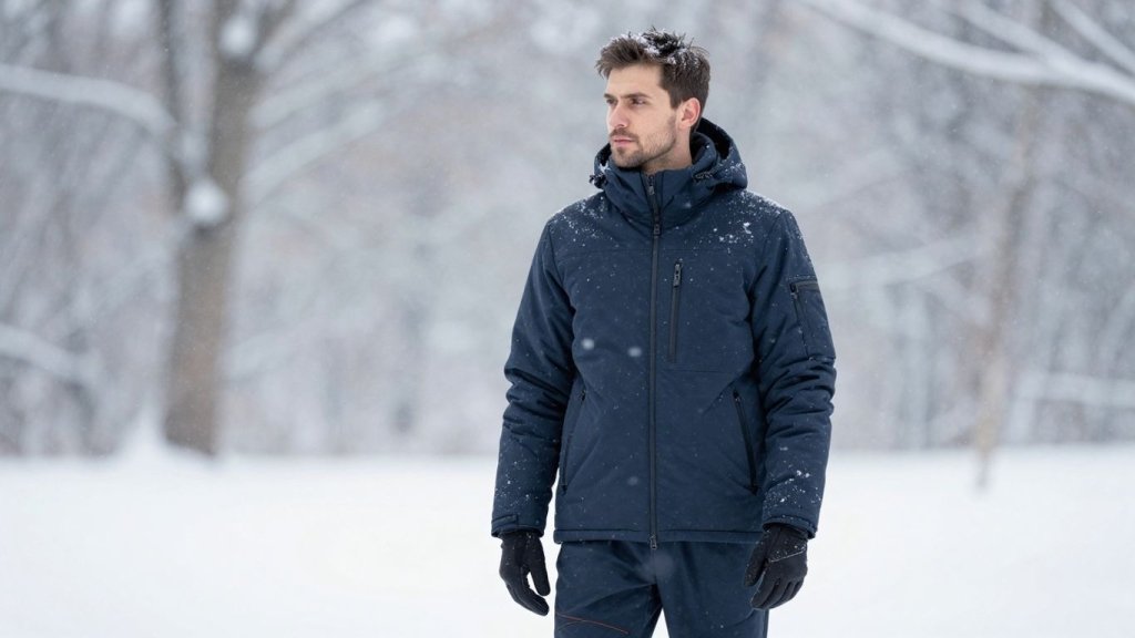 Bărbat în trening de iarnă, zăpadă.