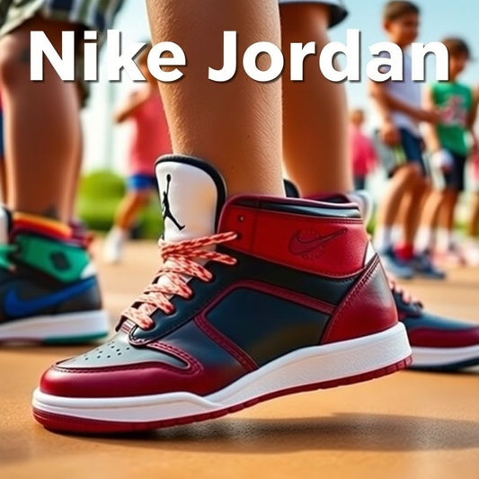 Copii purtând ghete Nike Jordan colorate.