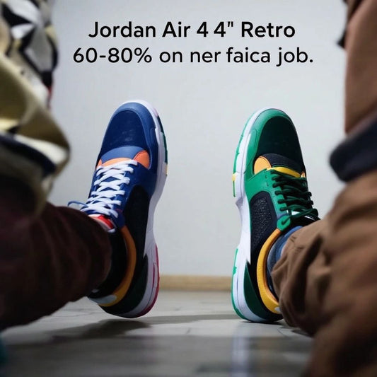 Oameni purtând Jordan Air 4 Retro în diverse culori.