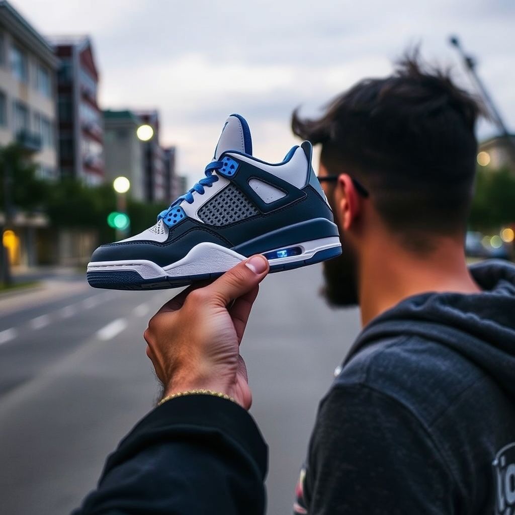 Bărbat cu Jordan 4 Mid-Night Navy în mână