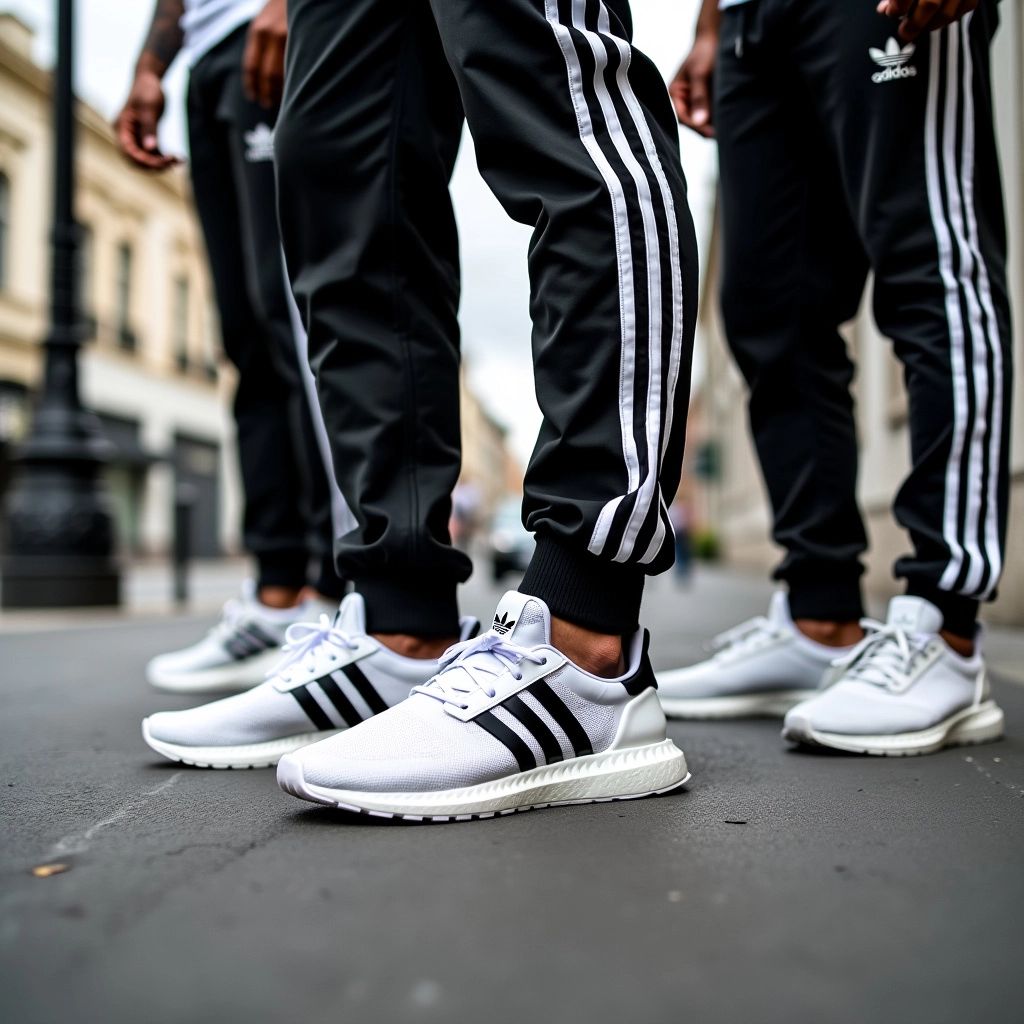 Adidași bărbați adidas în diverse stiluri, purtați de oameni.