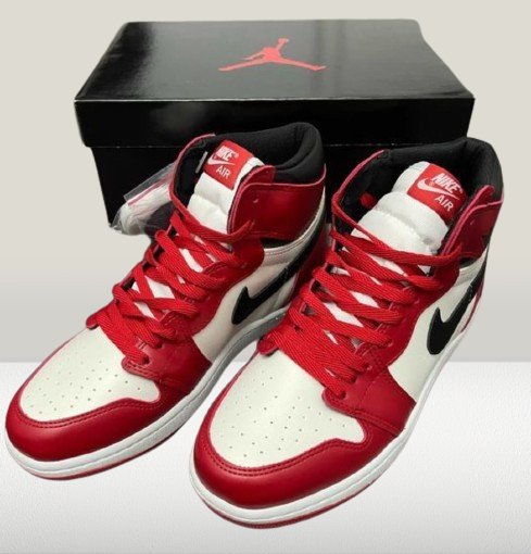 Classic Jordan 1 Chicago laced up with white and red contrast