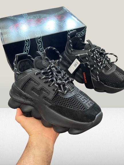Package  view of Versace Chain Reaction Black Shoes