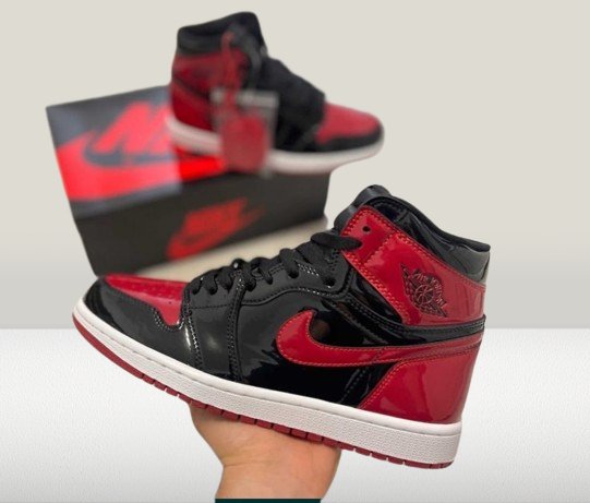 Studio shot of Air Jordan 1 Patent-Bred