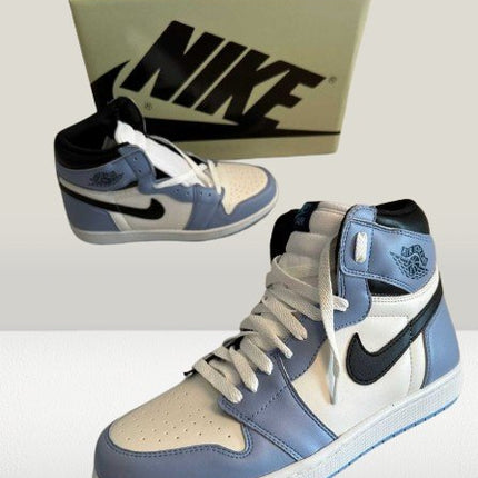 side view of top-down view of Jordan 1 University blue