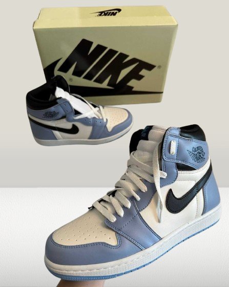 side view of top-down view of Jordan 1 University blue